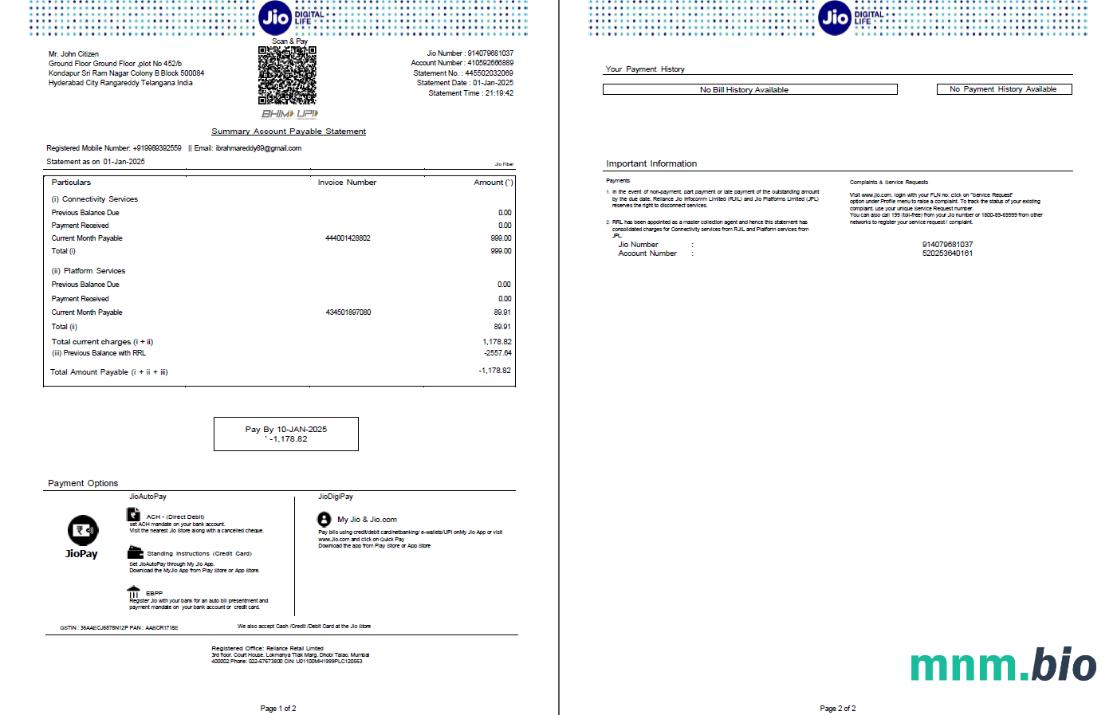 India Jio Digital Life rachunek za media template w formatach Word i PDF, 2 strony, Wersja 3
